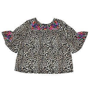 See N Be Seen + Blouse Plus Leopard Floral Colorful Embroidered Boho Top Size 1X